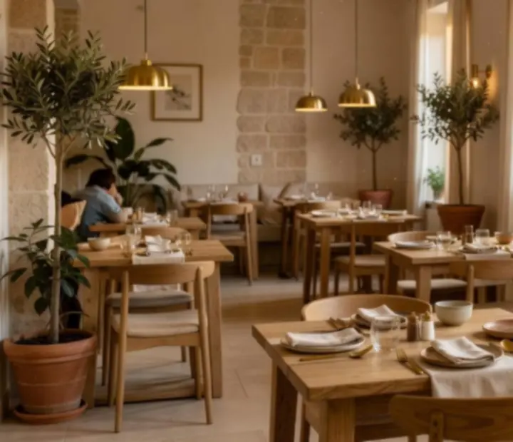 Világos, mediterrán hangulatú étkezőbeltér, természetes fénnyel és elegáns terítéssel