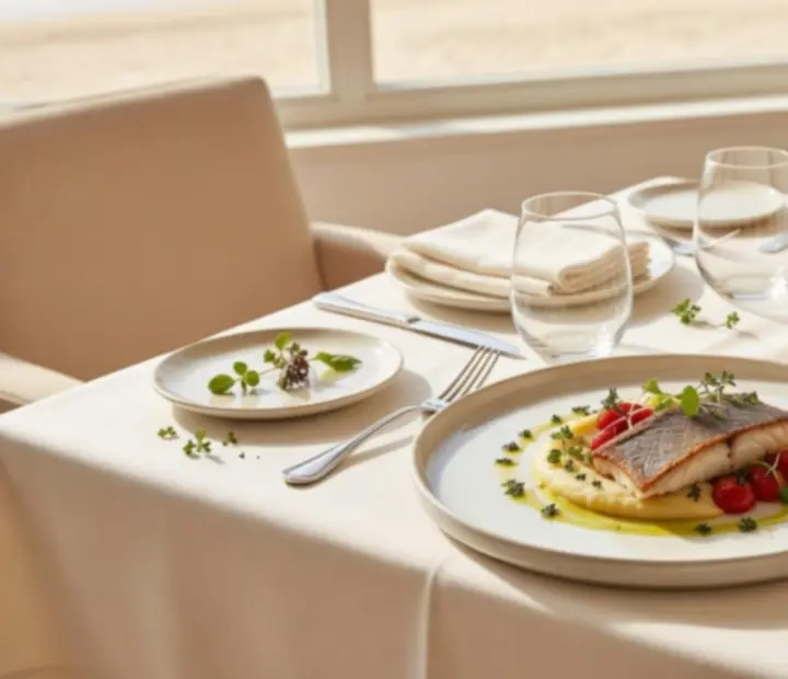 Séf által tálalt signature fogás elegáns tányéron, mediterrán elemekkel