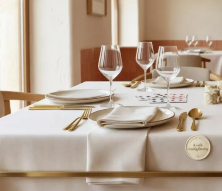 Elegáns, terített vacsoraasztal egy kifinomult pókerasztal mellett, meleg fényekkel és poharakkal az Ivory Dining House-ban