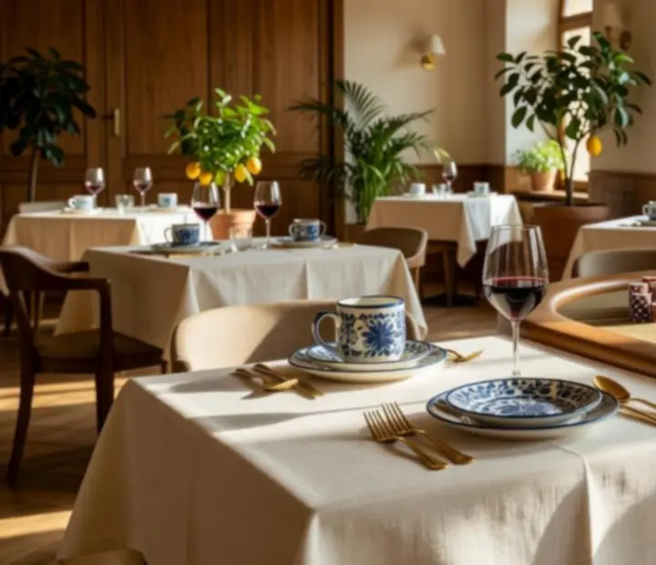 Elegáns vacsoraasztal finom terítékkel egy kifinomult pókerasztal mellett, meleg mediterrán fényekkel