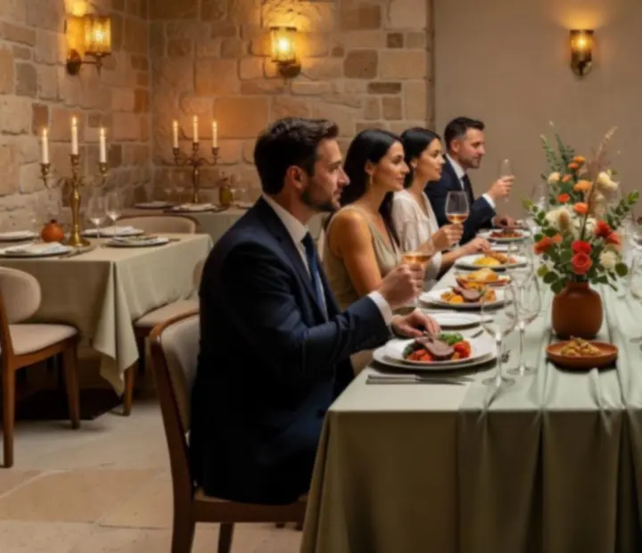 Elegáns privát vacsora üzleti társasággal terített asztalnál az Ivory Dining House intim termében