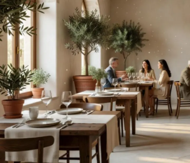 Mediterrán hangulatú éttermi enteriőr meleg fényekkel, természetes anyagokkal és elegánsan terített asztalokkal