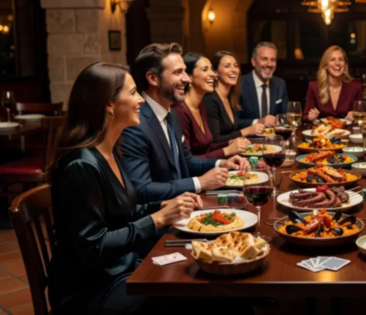 Elegáns asztaltársaság vacsora és baráti pókerparti közben, mediterrán hangulatban